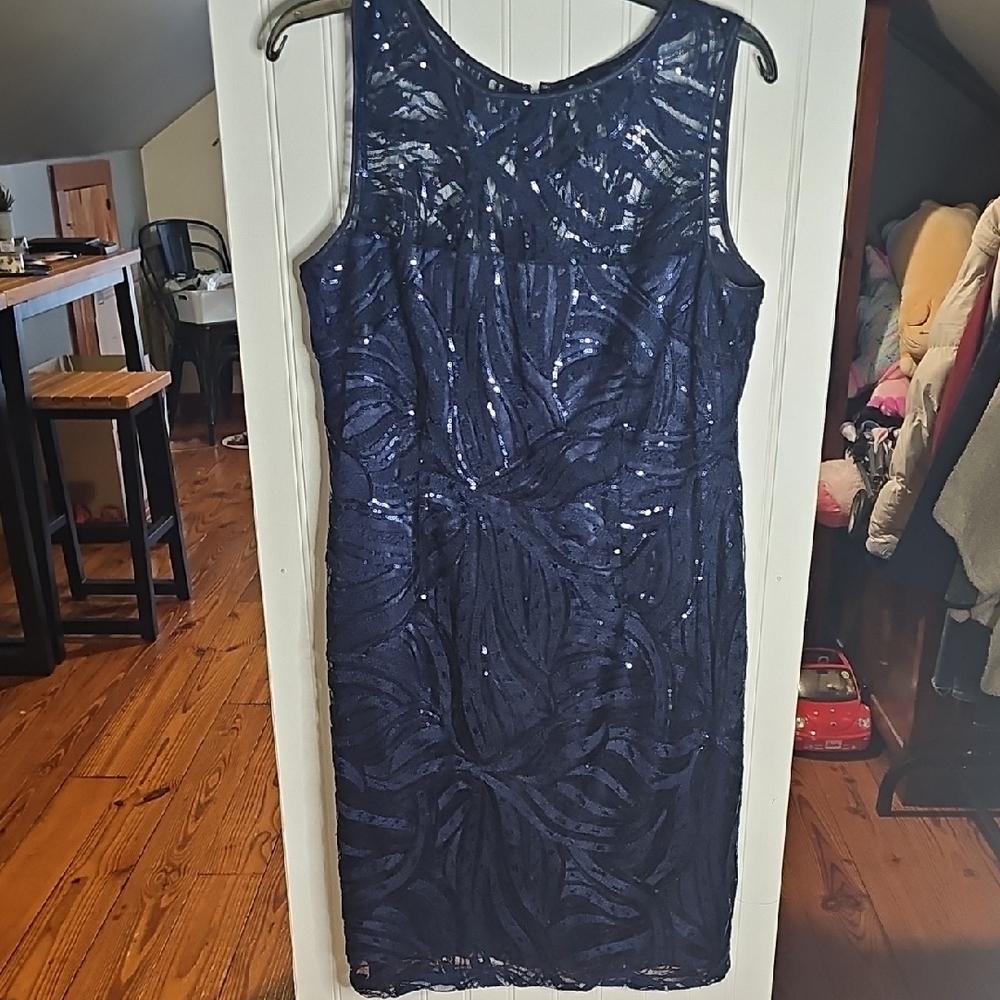 Tahari Navy Sequin Midi Sheath Dress